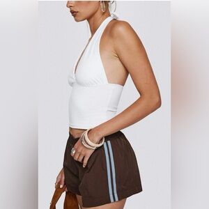 Princess Polly brown shorts with blue stripe
